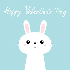 Happy Valentines Day. Rabbit bunny head face. Cute cartoon kawaii funny baby kids character. Happy Easter. Farm animal. Blue pastel background. Flat design.