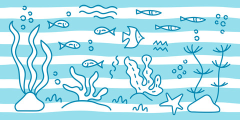 Underwater world. Drawings of fish, shrimp, marine plants and shells . Blue waves on a white background. Vector illustration