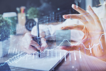 Forex chart displayed on woman's hand taking notes background. Concept of research. Multi exposure