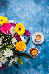 beautiful flowers and coffee with pastel de nata