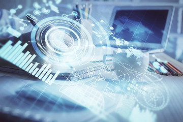 International business hud over woman's hands writing background. Concept of hard work. Double exposure