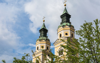 Fototapeta na wymiar The Beautiful Cathedral of Santa Maria Assunta and San Cassiano in Bressanone. Brixen / Bressanone is a town in South Tyrol in northern Italy. May 25, 2019.