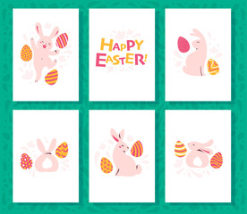 Fototapeta na wymiar Collection of Easter congratulation holiday cards with funny cute bunny character smiling and decorated eggs isolated on with background. Egg hunt. Vector illustration.