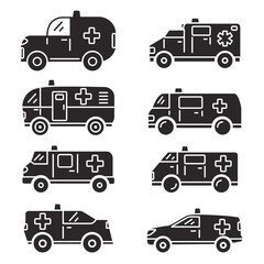 Set Ambulance car icon silhouette.Flat vector illustration.Emergency medical service.Emergency care.911 emergency disaster vehicle.Van transport with warning lights and sirens.