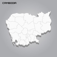 Cambodia 3d map with borders of regions