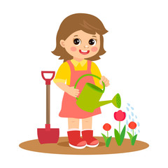 Cute cartoon girl working in the garden vector illustration. Kid plant a flowers. Girl with watering can vector. Spring gardening. Spring in your step.