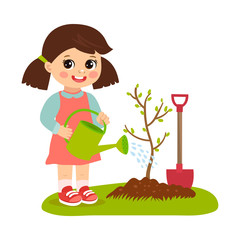 Cute cartoon girl working in the garden vector illustration. Kid plant a tree. Girl with watering can vector. Spring gardening. Spring in your step.