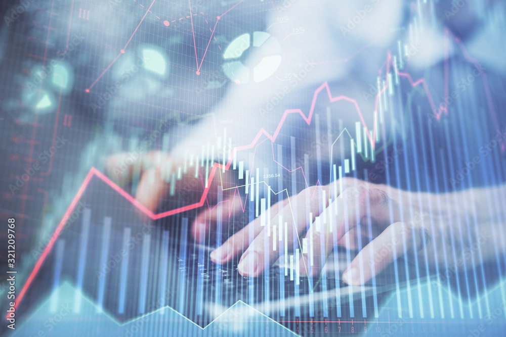 Poster Forex graph with businessman typing on computer in office on background. Concept of analysis. Double exposure.