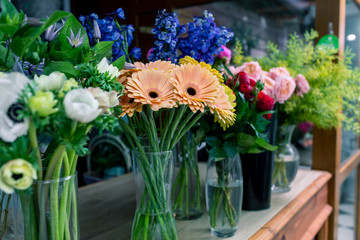 Floral shop concept . Beautiful bouquet of mixed flowers. Handsome fresh bunch. Flowers delivery.