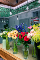 Floral shop concept . Beautiful bouquet of mixed flowers. Handsome fresh bunch. Flowers delivery.