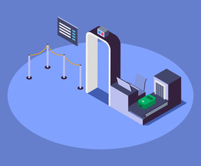 Airport security checkpoint isometric color vector illustration. Airline company safety measure 3d concept isolated on blue background. Metal detector gate and passengers luggage scanner