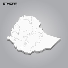 Ethiopia 3d map with borders of regions