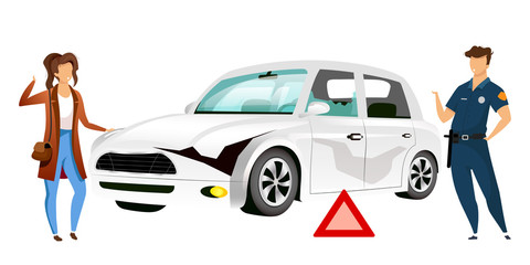 People by broken car flat color vector faceless characters. Crash site, traffic accident isolated cartoon illustration for web graphic design and animation. Woman and policeman near wrecked auto