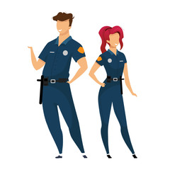 Police officers flat color vector faceless characters. Male and female cops in uniform isolated cartoon illustration for web graphic design and animation. Smiling law enforcers standing together