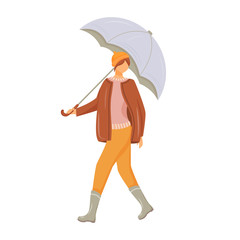 Woman in pullover and jacket flat color vector faceless character. Walking caucasian lady in gumboots. Wet weather. Female with umbrella in hand isolated cartoon illustration on white background