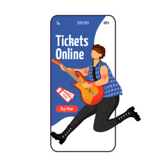 Buy tickets cartoon smartphone vector app screen. Singer. Vocalist. Musician. Concert, gig. Festival. Mobile phone display with flat character design mockup. Application telephone cute interface