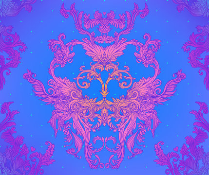 Vintage baroque floral seamless pattern in bright neon colors. 1980s style. Ornate vector decoration. Luxury, royal and Victorian concept. Vintage design with repetition. Heraldic floral texture.
