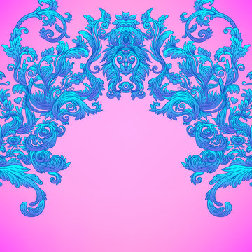 Vintage baroque floral patterned frame in bright neon colors. 1980s style. Ornate vector decoration. Luxury, royal and Victorian concept. Vintage design. Heraldic floral texture.