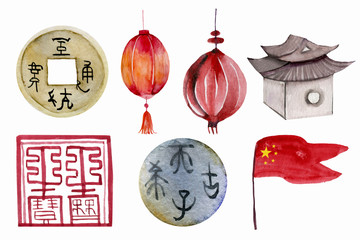 Watercolor Chinese elements on a white background.