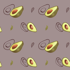 Digital illustration square seamless pattern with avocado on a gray purple background. Print for banners, web design, invitation cards, paper, fabrics, packaging, cards.