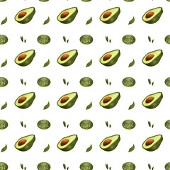 Digital illustration square seamless pattern with avocado on a white background. Print for banners, web design, invitation cards, paper, fabrics, packaging, cards.