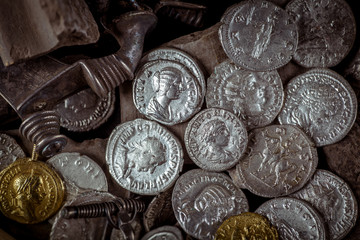 Ancient coin of the Roman Empire. - obrazy, fototapety, plakaty