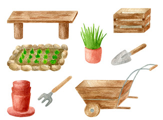 Watercolor gardening tools set. Hand drawn wooden box, shovel, garden bed, seedling in flower pot,...