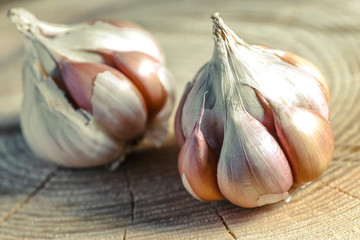 Organic garlic,Closeup garlic on wooden texture on for cooking on dark background, concept healthy lifestyle.Fresh peeled garlics and bulbs.