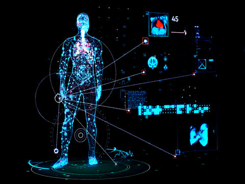 Digital image of human body and medicine on black