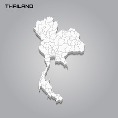 Thailand 3d map with borders of regions