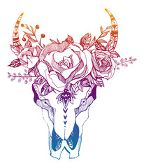 Cow, buffalo, bull skull in tribal style with flowers. Bohemian, boho vector illustration. Wild and free ethnic gypsy symbol.