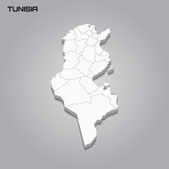 Tunisia 3d map with borders of regions