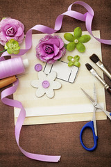 making greeting card. scrapbooking greeting card details and tools