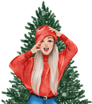 Beautiful girl in red hat and red sweater on Christmas tree background. Hand drawn winter illustration