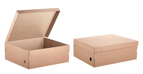 Set of two angles of a cardboard box in closed and open form, isolated on a white background. Biodegradable and recyclable packaging.