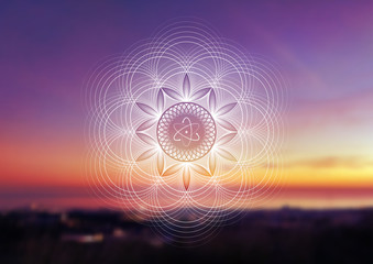Vector template of banner with spiritual sacred geometry on blurred background with sky and sea, horizontal format; Fantastic mandala and atom; Poster for yoga, meditation, relax. - obrazy, fototapety, plakaty