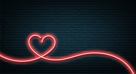 One line drawing red and white neon heart glowing on dark brick wall background.
