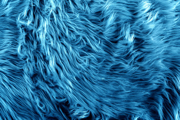 Blue fur for background or texture. 2020 Classic Blue pantone. Fuzzy blue fur plaid. Shaggy blanket background. Fluffy fake textile fur. Flat lay, top view, copy space