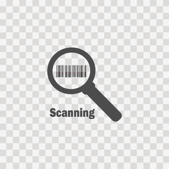 Barcode icon vector - barcode search, information reading. Flat design icon magnifier, magnifying glass and barcode on a transparent background