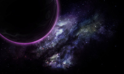 abstract space illustration, 3D image, bright purple planet, nebula and stars