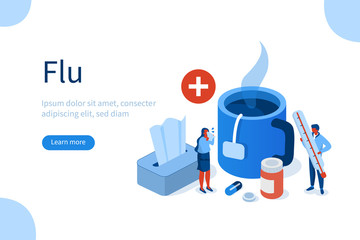  People Characters have Flu or Cold Disease. Man and Woman, Sneezing in Tissue, Measuring Body Temperature and Drinking Hot Tea. Influenza Treatment Concept. Flat Isometric Vector Illustration.