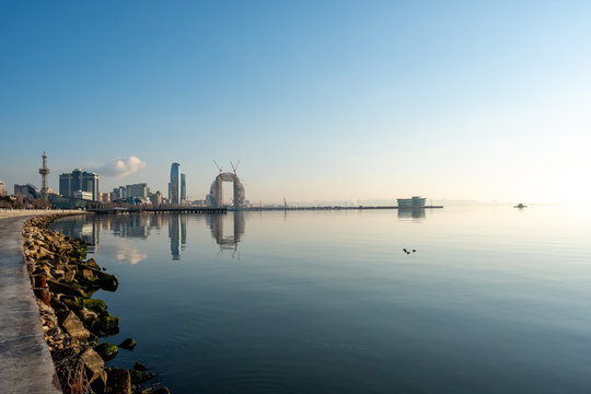 Caspian Sea Coast In Baku During Sunrise, New Construction