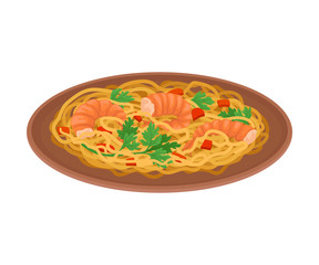 Appetizing Thai Food of Noodles and Shrimps Served on Ceramic Plate Side View Vector Illustration