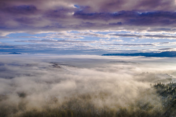 Pasul Tihuta, Romania seen from a drone early in a winter morning. 