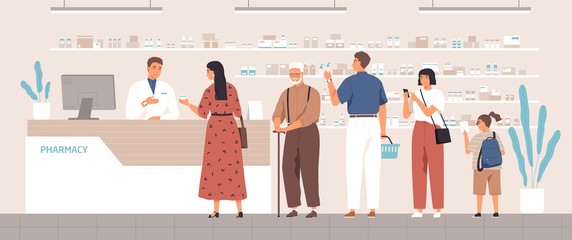 Smiling cartoon pharmacist and clients in counter at pharmacy vector flat illustration. Different positive people standing in queue at drugstore. Colored customers characters buying medicines