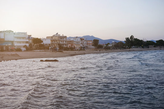 Twilight evening coast of loutsa in greece