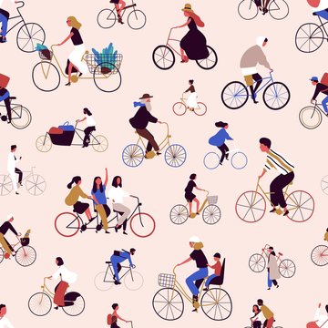 Different cartoon people cyclist seamless pattern illustration. Male and female character riding on bike vector flat isolated. Sports person enjoying outdoor activities and healthy lifestyle