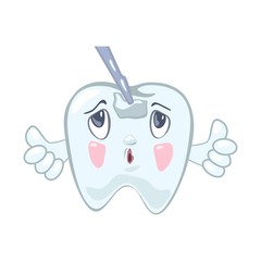 Sad, upset tooth with hole, cavity on top looking to stomatological instrument which touching him and spreading hands. Dental filling placement. Treatment of decay, caries. Vector cartoon illustration