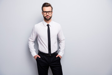 Photo of handsome young macho business man bossy meet colleagues partners workplace wear specs white office shirt black pants tie isolated grey color background