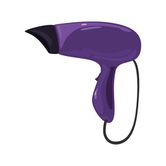 Purple hairdryer for home, hotel, hairdressing salon, barber shop. Blowdryer designed to blow cool or hot air over wet or damp hair for drying. Vector cartoon illustration isolated on white.